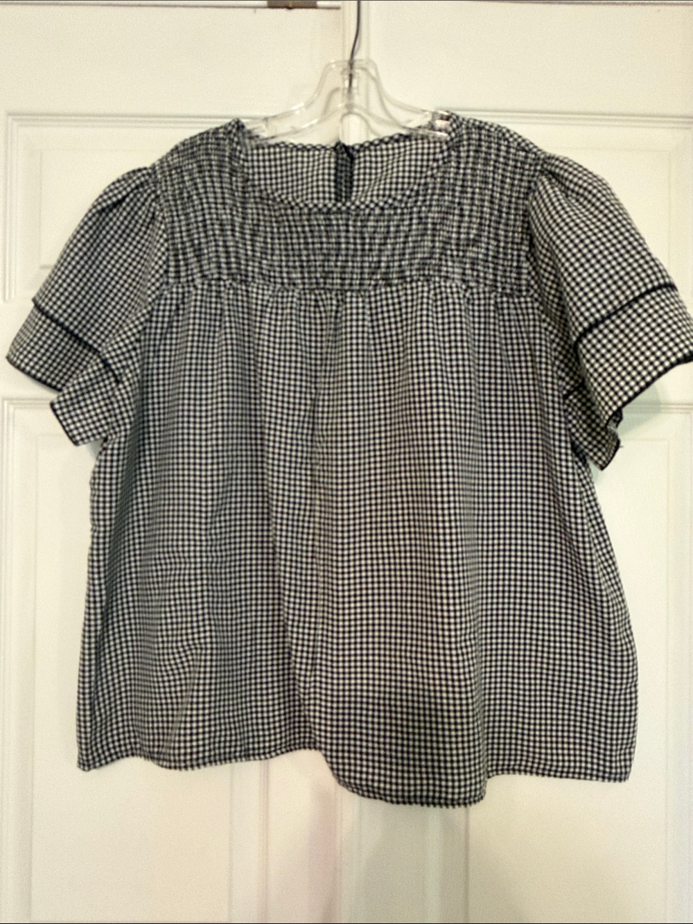 Smocked Gingham Short Sleeve Blouse - Black & White